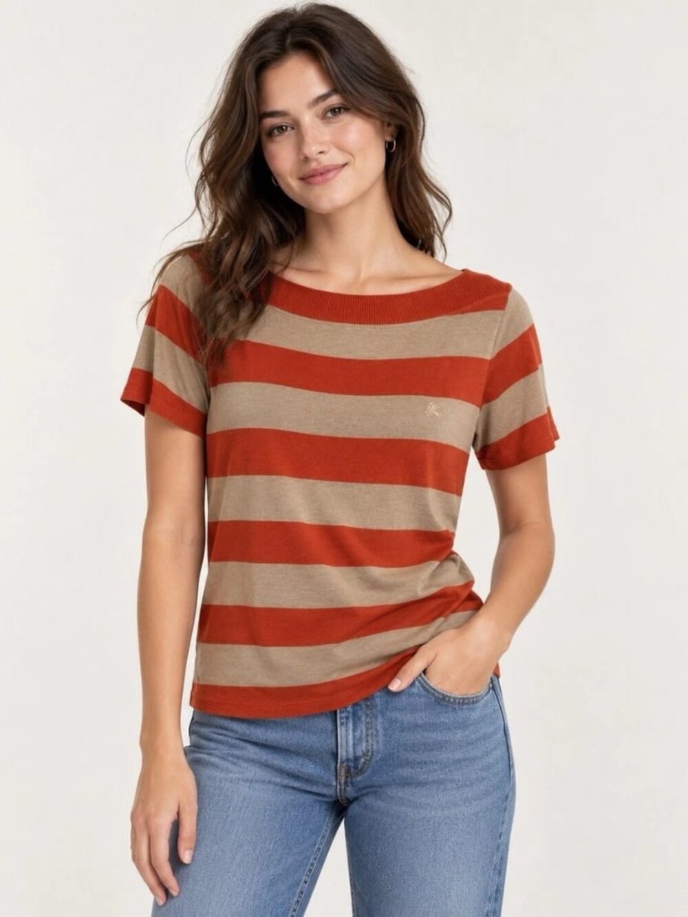 Authentic Burberry Women Orange & Beige Striped Boat Neck Short Sleeve Top